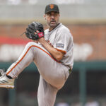 Jul 23, 2025; Cumberland, Georgia, USA; San Francisco Giants starting pitcher Justin Verlander (35) pitches against the Atlanta Braves during the first inning at Truist Park. Mandatory Credit: Dale Zanine-Imagn Images