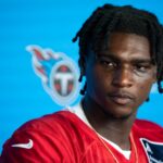 Tennessee Titans quarterback Cam Ward (1) fields questions from the media after the Tennessee Titans first day of training camp at Ascension Saint Thomas Sports Park in Nashville, Tenn., Wednesday, July 23, 2025.