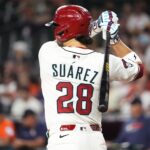 Arizona Diamondbacks' Eugenio Suarez bats against the Houston Astros in the first inning at Chase Field in Phoenix on July 23, 2025.