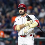 Jul 22, 2025; Phoenix, Arizona, USA; Arizona Diamondbacks designated hitter Eugenio Suarez against the Houston Astros at Chase Field. Mandatory Credit: Mark J. Rebilas-Imagn Images