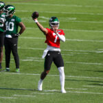 Jul 24, 2025; Florham Park, NY, USA; New York Jets quarterback Justin Fields (7) participates in a drill during training camp at Atlantic Health Jets Training Center. Mandatory Credit: John Jones-Imagn Images