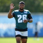 Madden 26 Jul 24, 2025; Philadelphia, PA, USA; Philadelphia Eagles running back Saquon Barkley (26) waves during training camp at NovaCare Complex. Mandatory Credit: Kyle Ross-Imagn Images