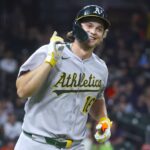 Jul 25, 2025; Houston, Texas, USA; Athletics designated hitter Nick Kurtz (16) celebrates after hitting his fourth home run of the game during the ninth inning against the Houston Astros at Daikin Park.