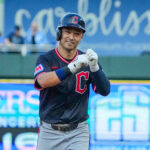 Jul 26, 2025; Kansas City, Missouri, USA; Cleveland Guardians left fielder Steven Kwan (38) celebrates while running the bases after hitting a two run home run against the Kansas City Royals in the fourth inning at Kauffman Stadium. Mandatory Credit: Denny Medley-Imagn Images