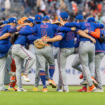 Jul 27, 2025; San Francisco, California, USA; The New York Mets celebrate their victory against the San Francisco Giants at Oracle Park. Mandatory Credit: Bob Kupbens-Imagn Images