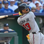 Jul 28, 2025; Kansas City, Missouri, USA; Atlanta Braves right fielder Ronald Acuna Jr. (13) hits a two-run home run in the third inning against the Kansas City Royals at Kauffman Stadium. Mandatory Credit: Peter Aiken-Imagn Images