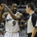 December 14, 2010; Washington, DC, USA; Washington Wizards point guard Gilbert Arenas (9) talks to an official against the Los Angeles Lakers at Verizon Center.