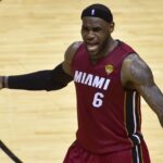 Jun 5, 2014; San Antonio, TX, USA; Miami Heat forward LeBron James (6) argues a call in the second half against the San Antonio Spurs in game one of the 2014 NBA Finals at AT&T Center. Mandatory Credit: Bob Donnan-USA TODAY Sports