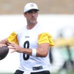 Jul 24, 2025; Latrobe, PA, USA; Pittsburgh Steelers quarterback Aaron Rodgers (8) participates in drills during training camp at Saint Vincent College.