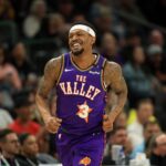 Mar 14, 2025; Phoenix, Arizona, USA; Phoenix Suns guard Bradley Beal (3) against the Sacramento Kings at Footprint Center.