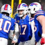 Jan 19, 2025; Orchard Park, New York, USA; Buffalo Bills quarterback Josh Allen (17) celebrates with Buffalo Bills wide receiver Khalil Shakir (10) after scoring a touchdown during the second quarter against the Baltimore Ravens in a 2025 AFC divisional round game at Highmark Stadium.