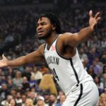 Nov 24, 2024; Sacramento, California, USA; Brooklyn Nets guard Cam Thomas (24) gestures during the first quarter against the Sacramento Kings at Golden 1 Center.
