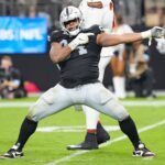 Sep 29, 2024; Paradise, Nevada, USA; Las Vegas Raiders defensive tackle Christian Wilkins (94) celebrates after a penalty overturned a scoring play by the Cleveland Browns during the fourth quarter at Allegiant Stadium.