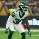 Oct 6, 2024; London, United Kingdom; New York Jets safety Chuck Clark (36) against the Minnesota Vikings in the second half at Tottenham Hotspur Stadium.