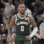 Apr 25, 2025; Milwaukee, Wisconsin, USA; Milwaukee Bucks guard Damian Lillard (0) reacts after making a basket against the Indiana Pacers in the second half during game three of first round for the 2024 NBA Playoffs at Fiserv Forum.