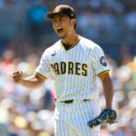 Jul 30, 2025; San Diego, California, USA; San Diego Padres starting pitcher Yu Darvish (11) celebrates after striking out a batter during the sixth inning against the New York Mets at Petco Park.