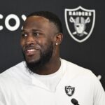 Jun 11, 2025; Henderson, NV, USA; Las Vegas Raiders linebacker Devin White (45) speaks to the media during Las Vegas Raiders Minicamp at Intermountain Health Performance Center.