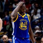 Mar 28, 2025; New Orleans, Louisiana, USA; Golden State Warriors forward Draymond Green (23) reacts to having his sixth foul against the New Orleans Pelicans during the second half at Smoothie King Center.