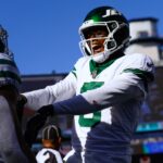 Oct 27, 2024; Foxborough, Massachusetts, USA; New York Jets wide receiver Garrett Wilson (5) congratulates wide receiver Xavier Gipson (82) after his touchdown against the New England Patriots in the second quarter at Gillette Stadium.