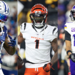 NFL Top 10 Wide Receivers - CeeDee Lamb, Ja'Marr Chase e Justin Jefferson montagem - Fotos: Andrew Dieb-Imagn Images, Mark J. Rebilas-Imagn Images e Charles LeClaire-Imagn Images