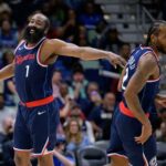 Mar 11, 2025; New Orleans, Louisiana, USA; Los Angeles Clippers forward Kawhi Leonard (2) and Los Angeles Clippers guard James Harden (1) react during the second half against the New Orleans Pelicans at Smoothie King Center.
