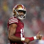 Dec 12, 2024; Santa Clara, California, USA; San Francisco 49ers wide receiver Jauan Jennings (15) looks towards the sideline before a play against the Los Angeles Rams in the second quarter at Levi's Stadium.