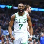 Jan 25, 2025; Dallas, Texas, USA; Boston Celtics guard Jaylen Brown (7) celebrates during the second half against the Dallas Mavericks at American Airlines Center.
