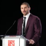 Feb 7, 2024; Las Vegas, NV, USA; NFLPA president JC Tretter speaks at the NFLPA Press Conference at the Mandalay Bay Convention Center prior to Super Bowl LVIII.