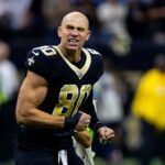 Sep 10, 2023; New Orleans, Louisiana, USA; New Orleans Saints tight end Jimmy Graham (80) during the Who Dat chant during the first half against the Tennessee Titans at the Caesars Superdome.