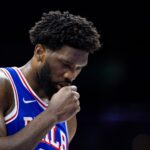 Dec 18, 2023; Philadelphia, Pennsylvania, USA; Philadelphia 76ers center Joel Embiid (21) prepares for a foul shot against the Chicago Bulls during the second quarter at Wells Fargo Center.