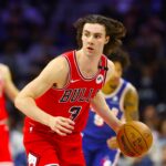 Feb 24, 2025; Philadelphia, Pennsylvania, USA; Chicago Bulls guard Josh Giddey (3) dribbles the ball against the Philadelphia 76ers during the third quarter at Wells Fargo Center.