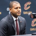 Oct 2, 2023; Cleveland, OH, USA; Cleveland Cavaliers general manager Koby Altman talks to the media during media day at Rocket Mortgage FieldHouse.