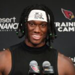Jul 23, 2025; Phoenix, Ariz, U.S; Arizona Cardinals receiver Marvin Harrison Jr. speaks during a news conference at State Farm Stadium.