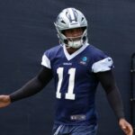 Jul 22, 2025; Oxnard, CA, USA; Dallas Cowboys defensive end Micah Parsons (11) during training camp at the River Ridge Fields.