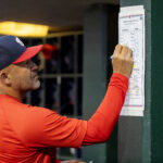 Jun 11, 2024; Detroit, Michigan, USA; Washington Nationals bench coach Miguel Cairo (22) makes changes to his lineup in the eighth inning against the Detroit Tigers at Comerica Park.