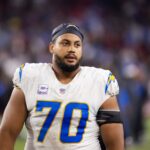 Oct 21, 2024; Glendale, Arizona, USA; Los Angeles Chargers offensive tackle Rashawn Slater (70) against the Arizona Cardinals at State Farm Stadium.