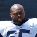 Jul 27, 2025; Oxnard, CA, USA; Dallas Cowboys guard Robert Jones (65) at training camp at the River Ridge Fields.