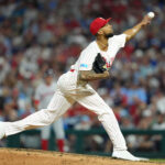 Jul 22, 2025; Philadelphia, Pennsylvania, USA; Philadelphia Phillies starting pitcher Cristopher Sanchez (61) throws a pitch against the Boston Red Sox in the ninth inning at Citizens Bank Park.