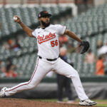 Jul 27, 2025; Baltimore, Maryland, USA; Baltimore Orioles’ pitcher Seranthony Dominguez (56) on the mound against the Colorado Rockies in the ninth inning at Oriole Park at Camden Yards.