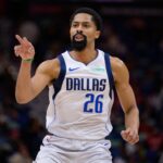 Jan 29, 2025; New Orleans, Louisiana, USA; Dallas Mavericks guard Spencer Dinwiddie (26) reacts during the first half against the New Orleans Pelicans at Smoothie King Center.