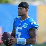 Jul 25, 2025; El Segundo, CA, USA; Los Angeles Chargers quarterback Trey Lance (5) during training camp at The Bolt.