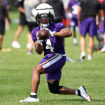 Jul 29, 2025; Eagan, MN, USA; Minnesota Vikings wide receiver Rondale Moore (4) takes part in drills during the teams training camp at the Minnesota Vikings Training Facility. Mandatory Credit: Matt Krohn-Imagn Images