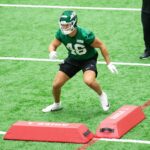 May 9, 2025; Florham Park, NJ, USA; New York Jets rookie tight end Mason Taylor (46) participates in a drill during the minicamp at Atlantic Health Jets Training Center
