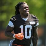 May 10, 2025; Berea, OH, USA; Cleveland Browns running back Quinshon Judkins (10) during rookie minicamp at CrossCountry Mortgage Campus.