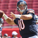Sep 17, 2017; Tampa, FL, USA; Chicago Bears quarterback Mitch Trubisky (10) warms up before the start of the game against the Tampa Bay Buccaneers at Raymond James Stadium.