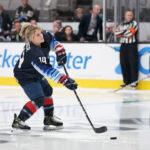 Jan 25, 2019; San Jose, CA, USA; USA women's ice hockey player Brianna Decker in the premier passer competition in the 2019 NHL All Star Game skills competition at SAP Center. Mandatory Credit: Kyle Terada-USA TODAY Sports