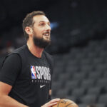Feb 8, 2020; Sacramento, California, USA; San Antonio Spurs guard Marco Belinelli (18) warms up before a game against the Sacramento Kings at Golden 1 Center.
