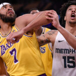 Feb 21, 2020; Los Angeles, California, USA; Los Angeles Lakers center JaVale McGee (7) and Memphis Grizzlies forward Brandon Clarke (15) battle for rebounding position during the fourth quarter at Staples Center. Mandatory Credit: Robert Hanashiro-USA TODAY Sports