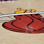 Dec 14, 2020; Miami, Florida, USA; A general view of the Miami Heat logo mid court prior to the game between the Miami Heat and the New Orleans Pelicans at American Airlines Arena. Mandatory Credit: Jasen Vinlove-USA TODAY Sports