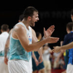 Luka Doncic Aug 7, 2021; Saitama, Japan; Team Slovenia point guard Luka Doncic (77) reacts on the court during the fourth quarter against Australia during the Tokyo 2020 Olympic Summer Games at Saitama Super Arena.